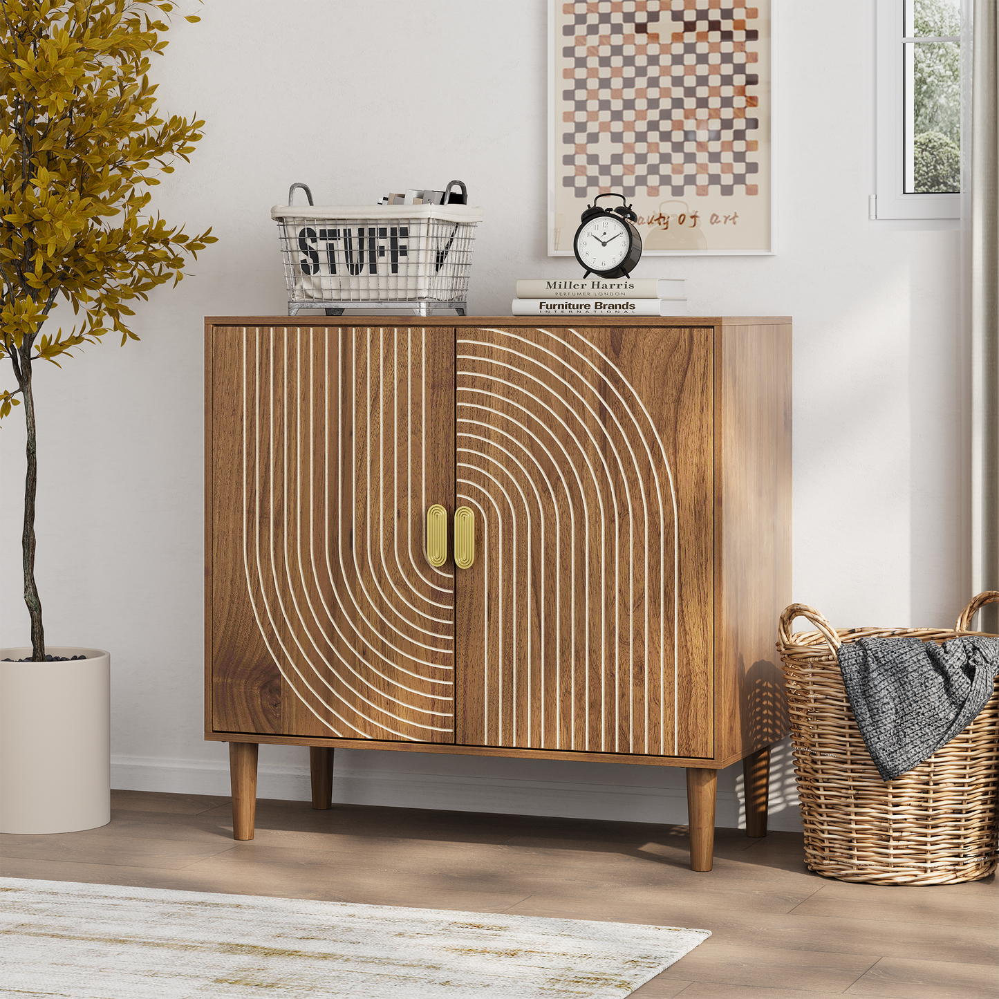 Walnut Wood Buffet Cabinet with Line Groove Design,Sideboard Buffet Cabinet With Storage,Multifunctional Accent Cabinet for Living Room,Entryway,Hallway,Office,Kitchen