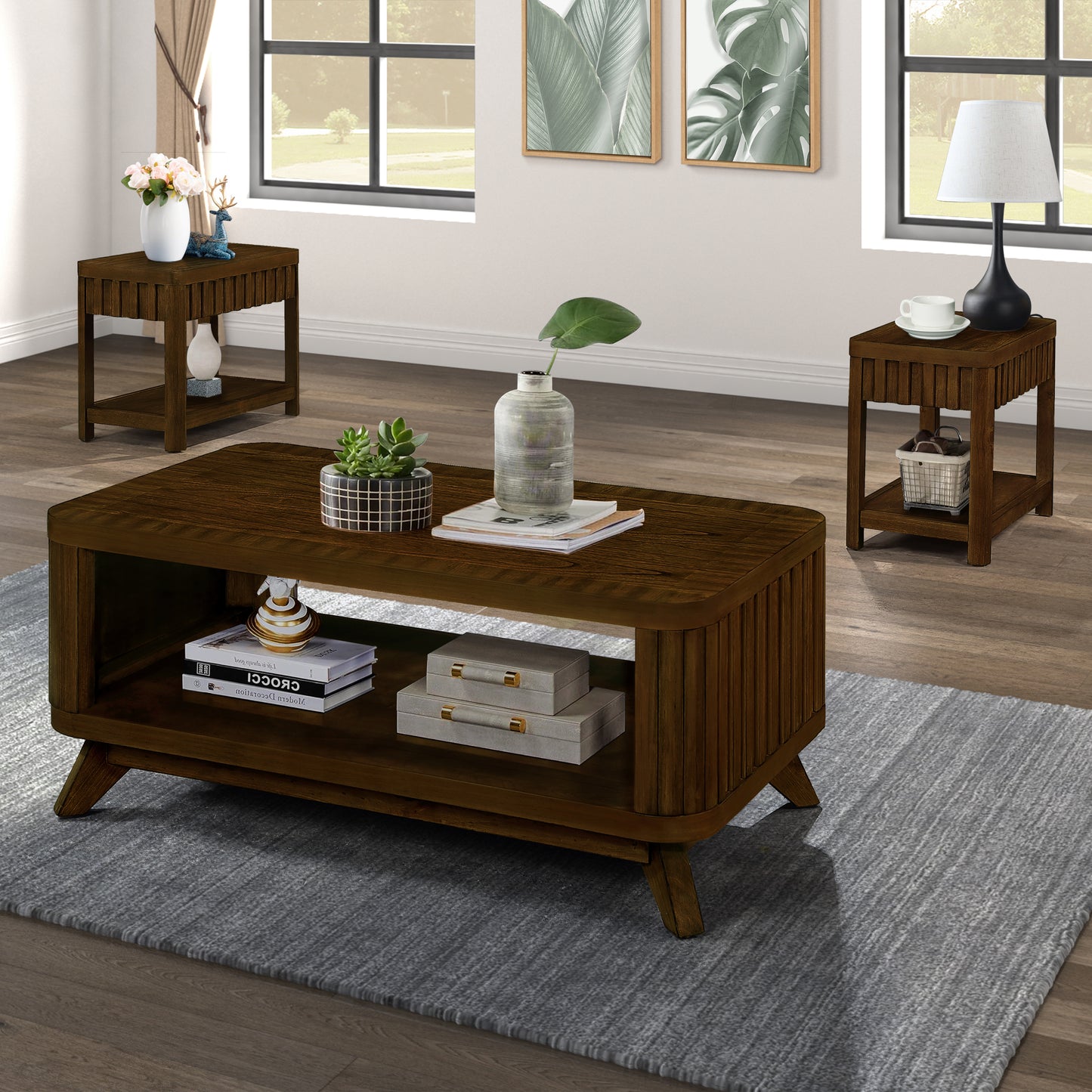 Rectangular Wood Coffee Table for Living Room, 41.5-Inch Coffee Table with Solid Wood Legs, Wood Center Table Tea Table with Open Storage Shelf. Easy Assembly,  Walnut