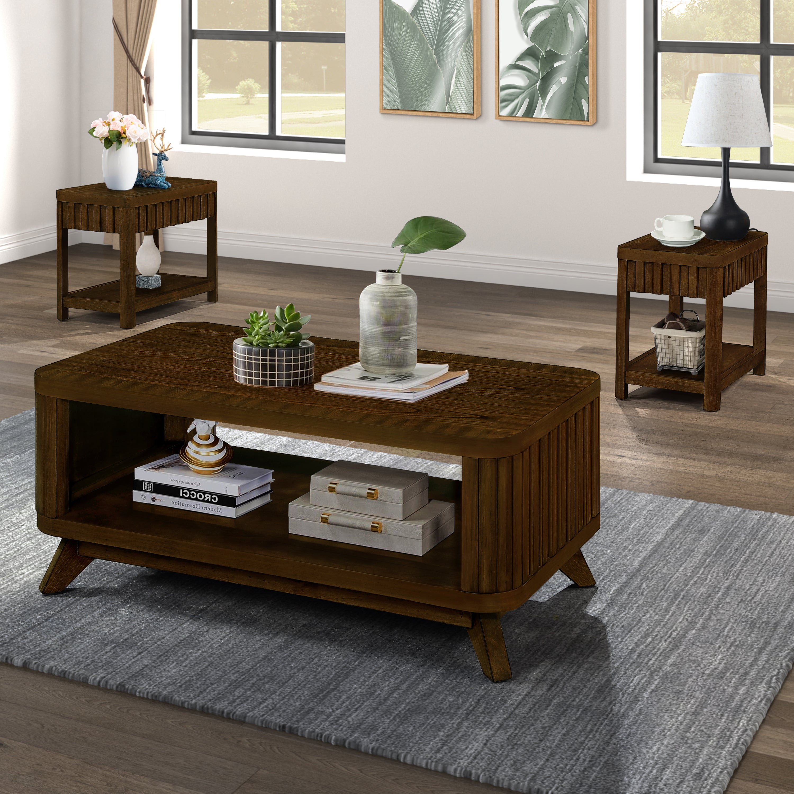 Rectangular Wood Coffee Table for Living Room, 41.5-Inch Coffee Table with Solid Wood Legs, Wood Center Table Tea Table with Open Storage Shelf. Easy Assembly,  Walnut