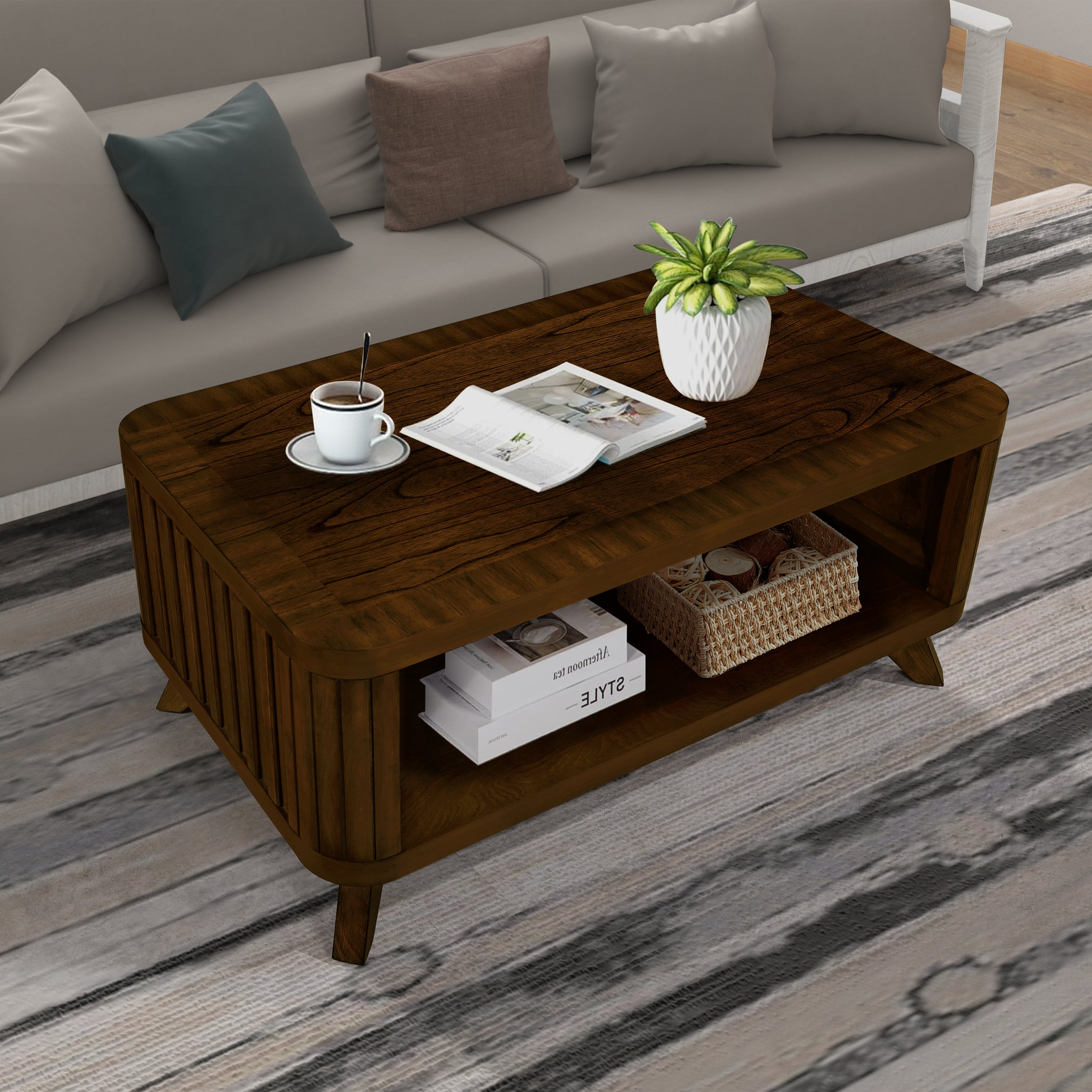 Rectangular Wood Coffee Table for Living Room, 41.5-Inch Coffee Table with Solid Wood Legs, Wood Center Table Tea Table with Open Storage Shelf. Easy Assembly,  Walnut