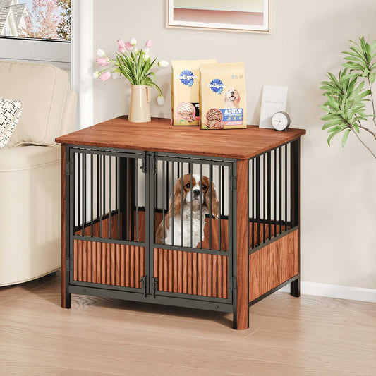 Wooden pet crate with a dog inside, placed on a wooden table in a living room setting.