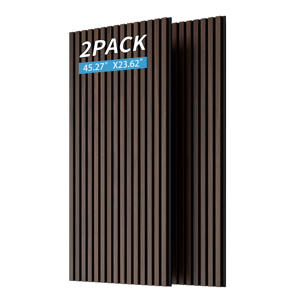 Wood Panels for Wall Slat Wall Panels, 2PC Wood Slat Acoustic Panels for Wall and Ceiling - 3D Fluted Sound Absorbing Panel with Three Sides Fully Wrapped on Wood Finish -45.27''X23.62''(Dark walnut)