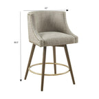 Swivel Counter Stool with Antique Bronze Detailing in Beige Tweed and Walnut Wood, 22x22x36.5 Inches Bar Stools