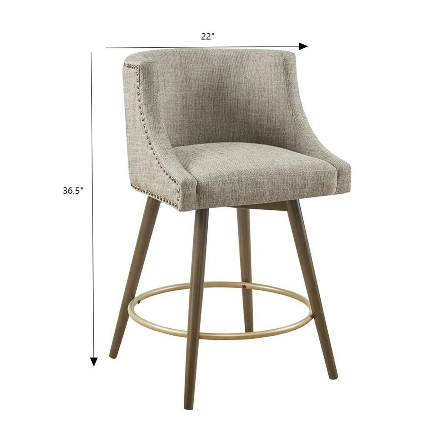 Swivel Counter Stool with Antique Bronze Detailing in Beige Tweed and Walnut Wood, 22x22x36.5 Inches Bar Stools