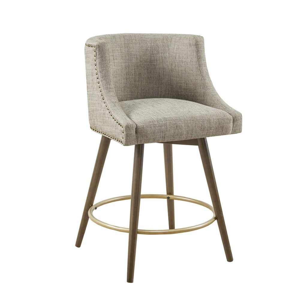Swivel Counter Stool with Antique Bronze Detailing in Beige Tweed and Walnut Wood, 22x22x36.5 Inches Bar Stools