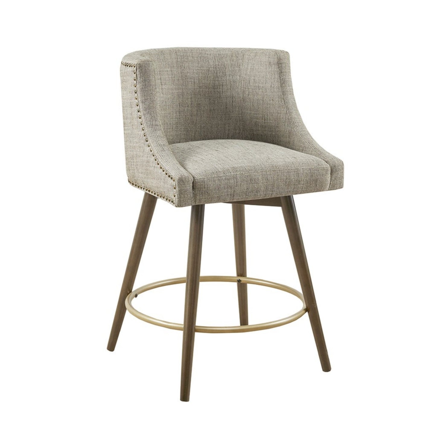 Swivel Counter Stool with Antique Bronze Detailing in Beige Tweed and Walnut Wood, 22x22x36.5 Inches Bar Stools