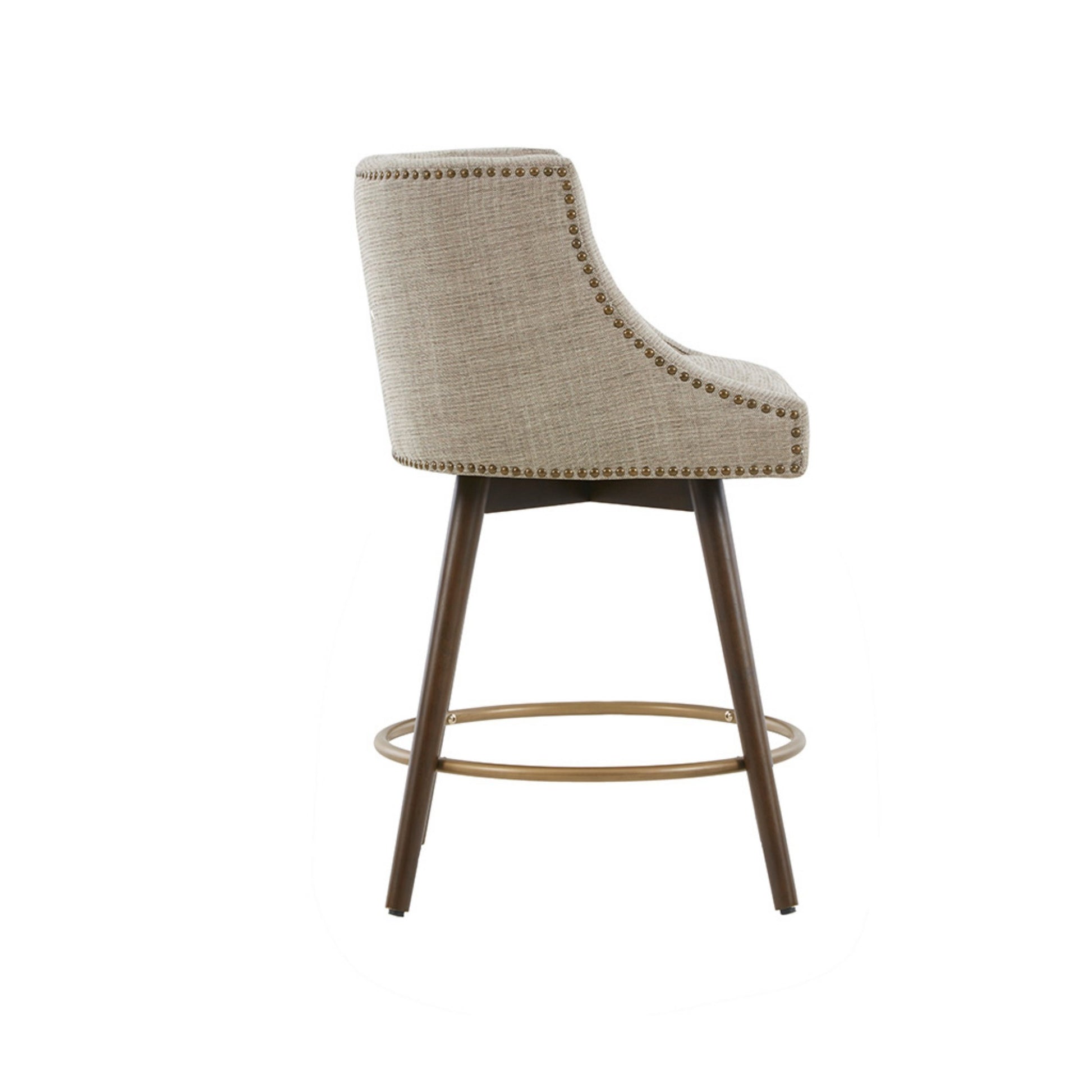 Swivel Counter Stool with Antique Bronze Detailing in Beige Tweed and Walnut Wood, 22x22x36.5 Inches Bar Stools