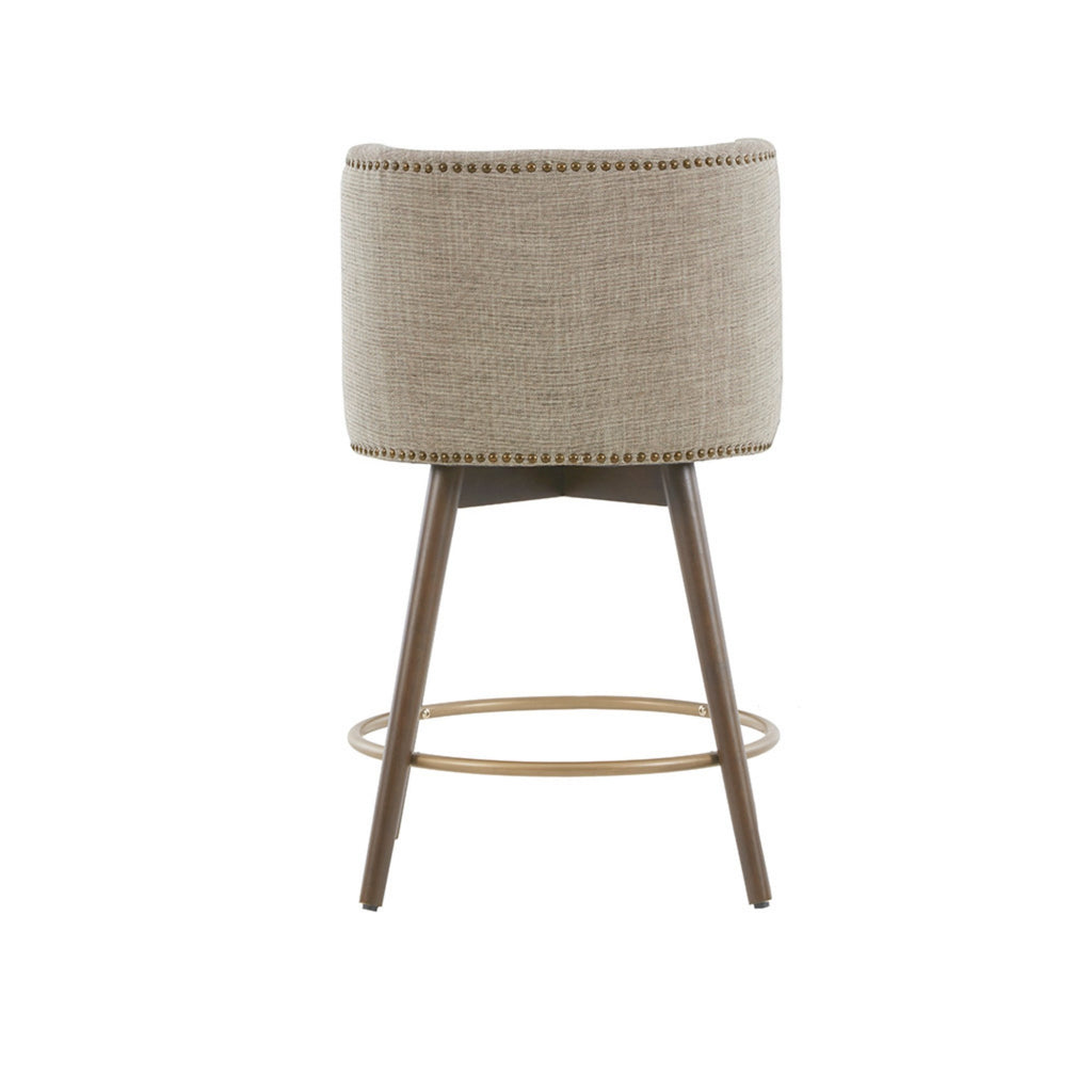 Swivel Counter Stool with Antique Bronze Detailing in Beige Tweed and Walnut Wood, 22x22x36.5 Inches Bar Stools