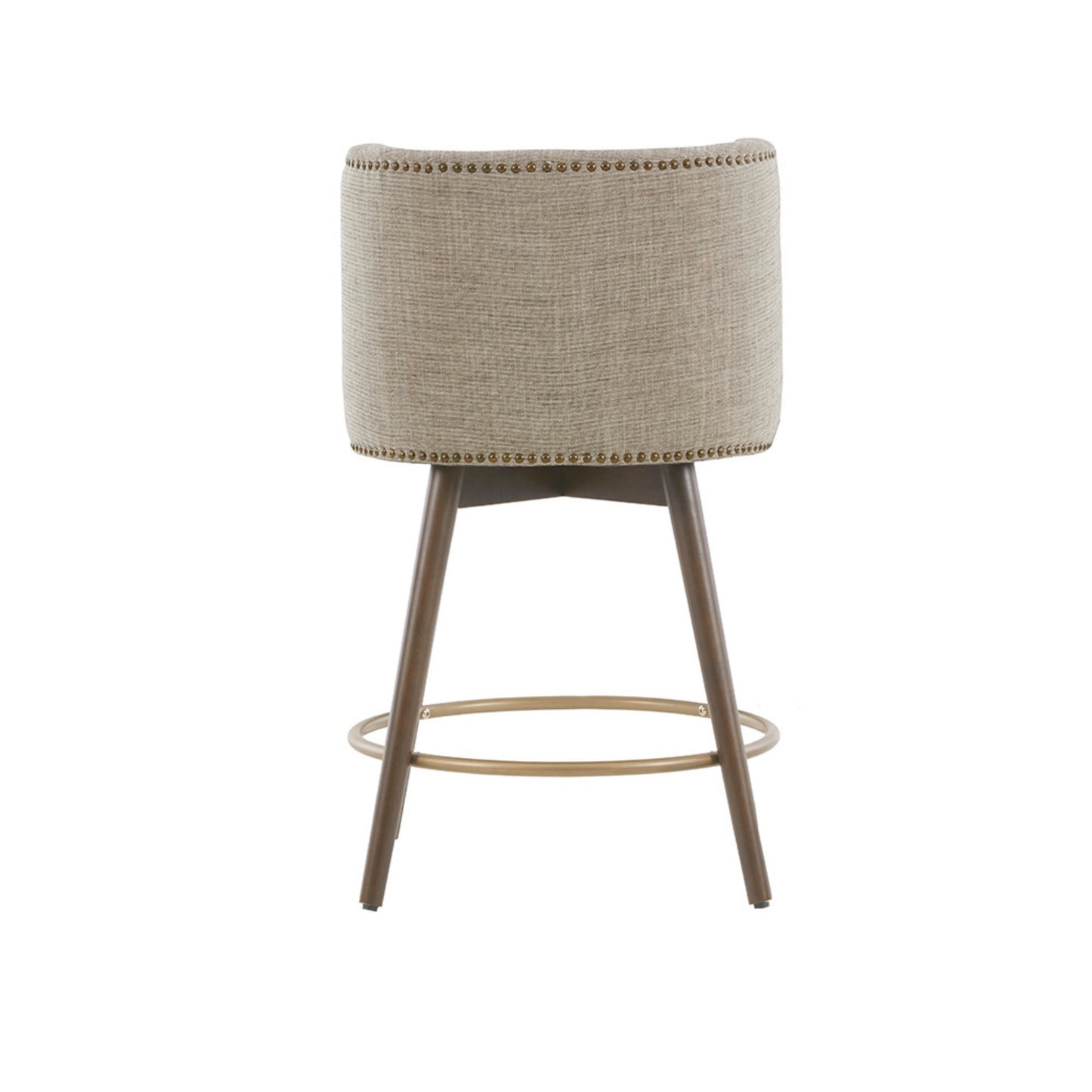 Swivel Counter Stool with Antique Bronze Detailing in Beige Tweed and Walnut Wood, 22x22x36.5 Inches Bar Stools