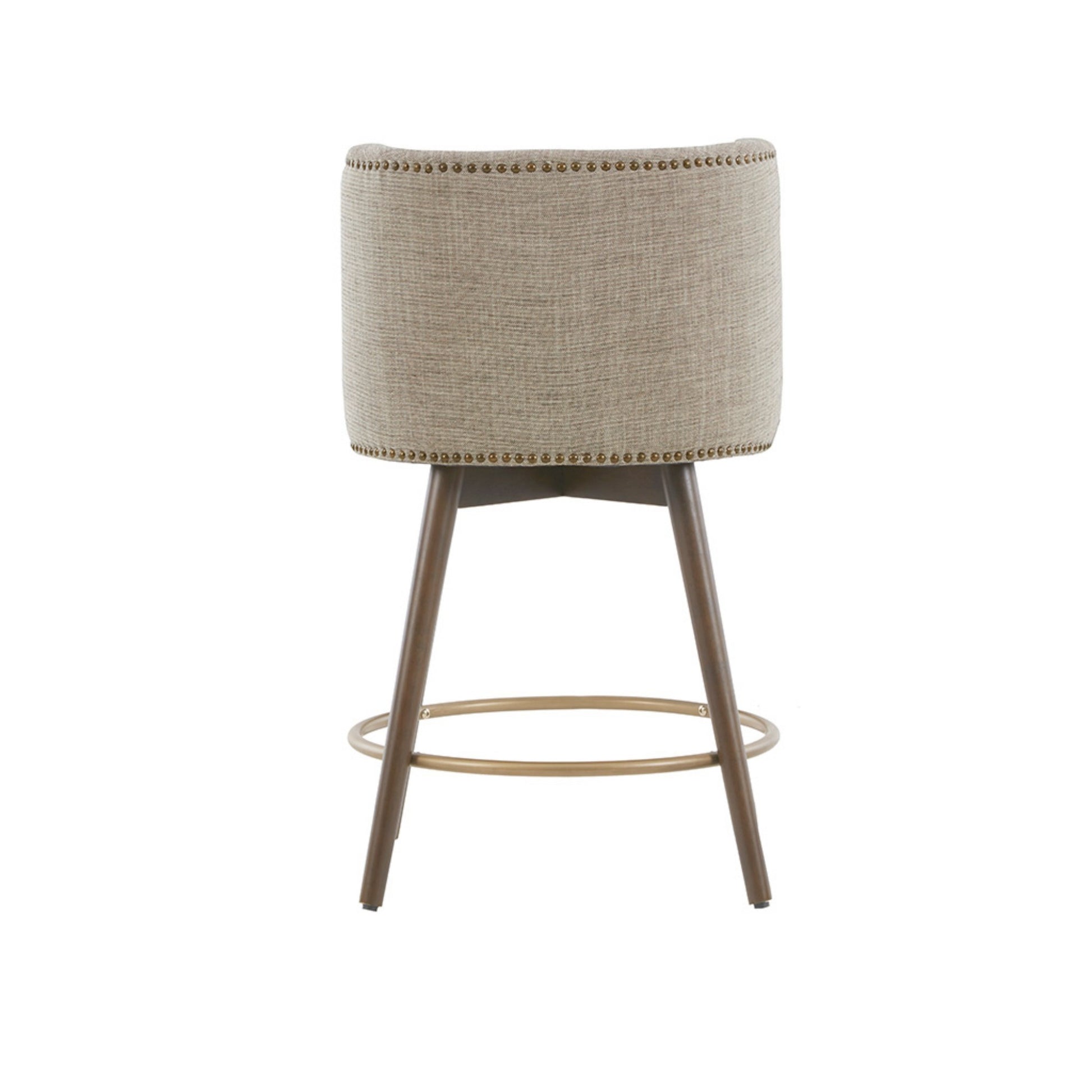 Swivel Counter Stool with Antique Bronze Detailing in Beige Tweed and Walnut Wood, 22x22x36.5 Inches Bar Stools