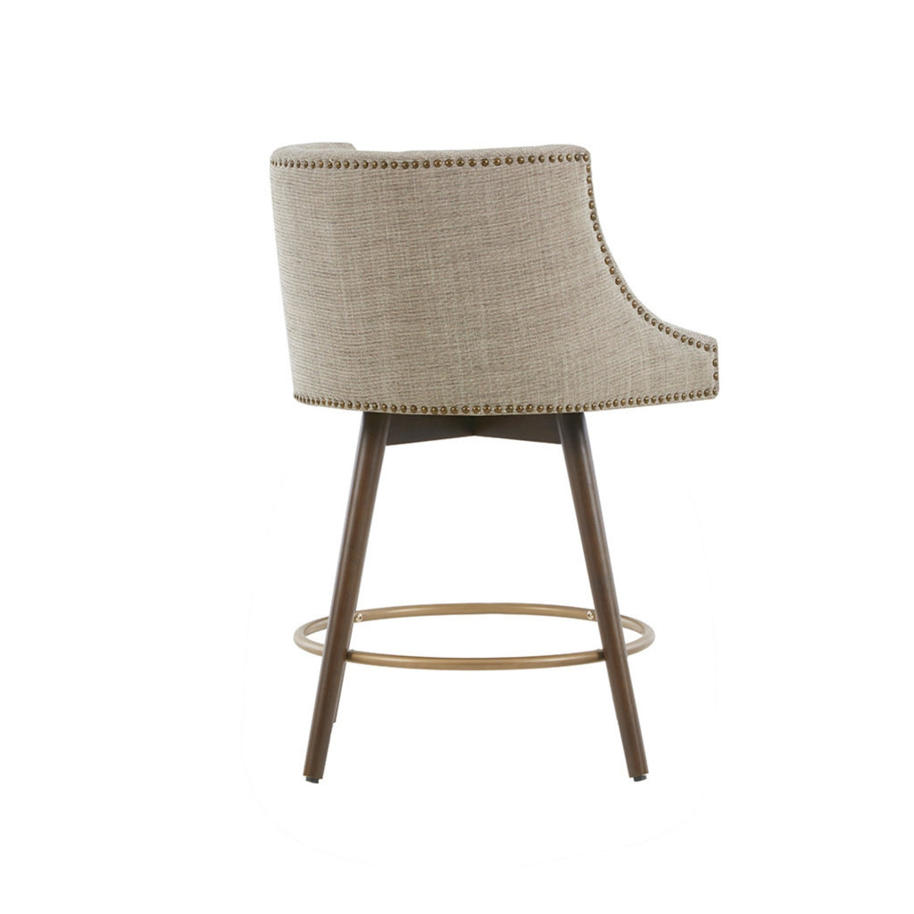 Swivel Counter Stool with Antique Bronze Detailing in Beige Tweed and Walnut Wood, 22x22x36.5 Inches Bar Stools