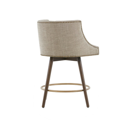 Swivel Counter Stool with Antique Bronze Detailing in Beige Tweed and Walnut Wood, 22x22x36.5 Inches Bar Stools