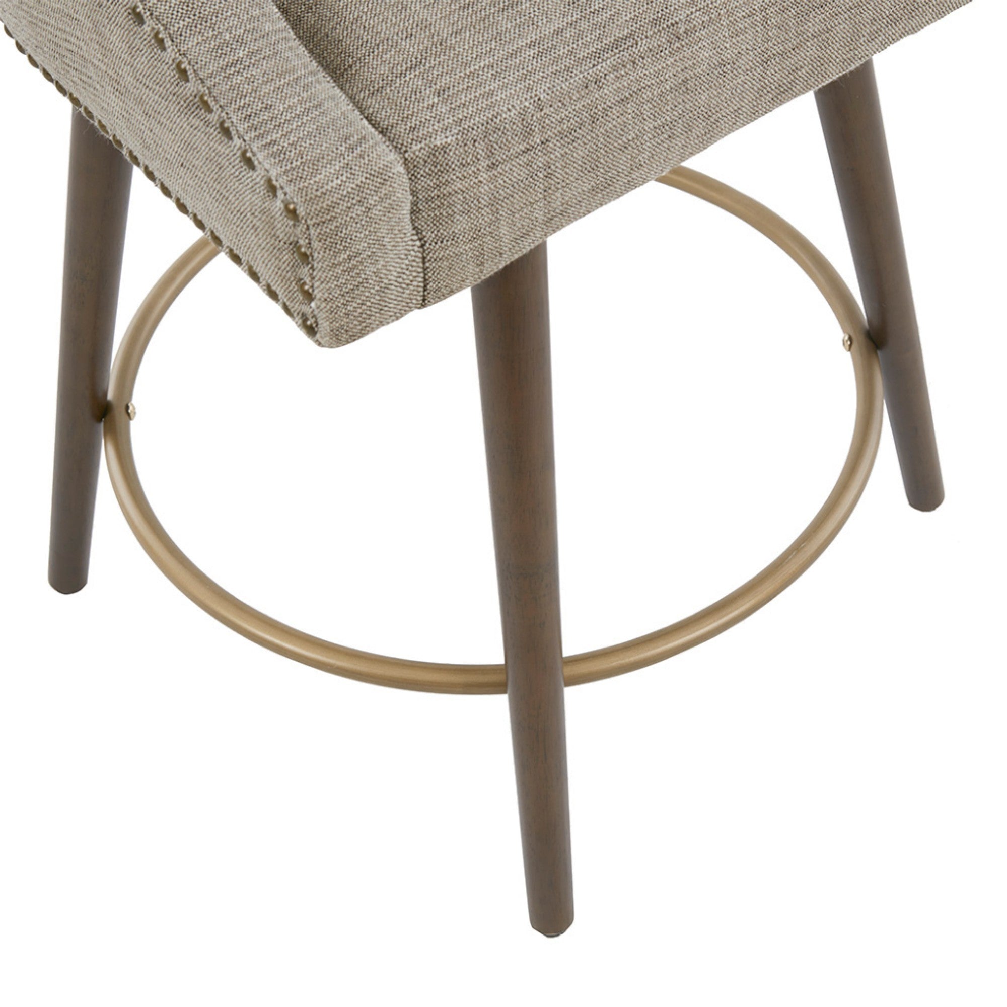 Swivel Counter Stool with Antique Bronze Detailing in Beige Tweed and Walnut Wood, 22x22x36.5 Inches Bar Stools