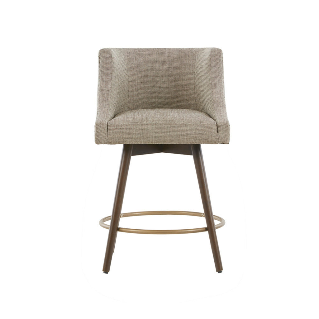 Swivel Counter Stool with Antique Bronze Detailing in Beige Tweed and Walnut Wood, 22x22x36.5 Inches Bar Stools