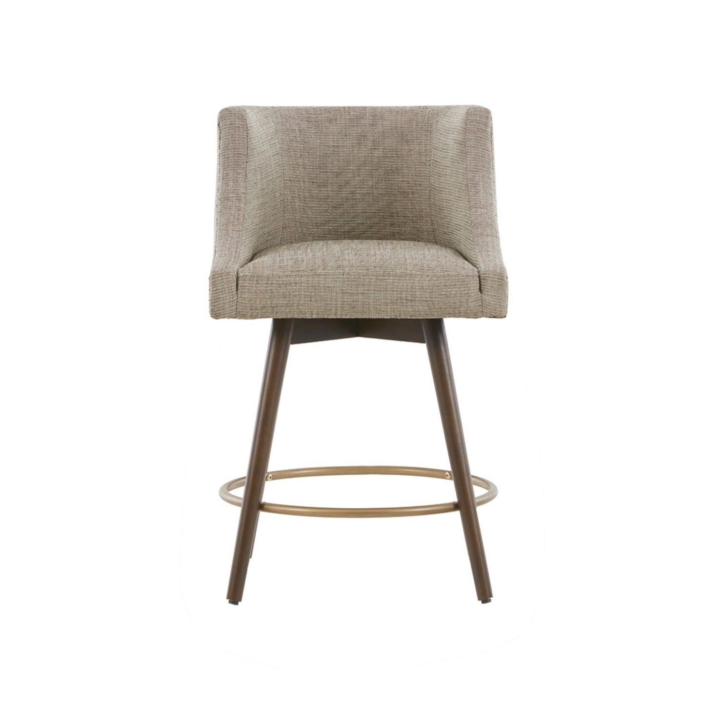 Swivel Counter Stool with Antique Bronze Detailing in Beige Tweed and Walnut Wood, 22x22x36.5 Inches Bar Stools