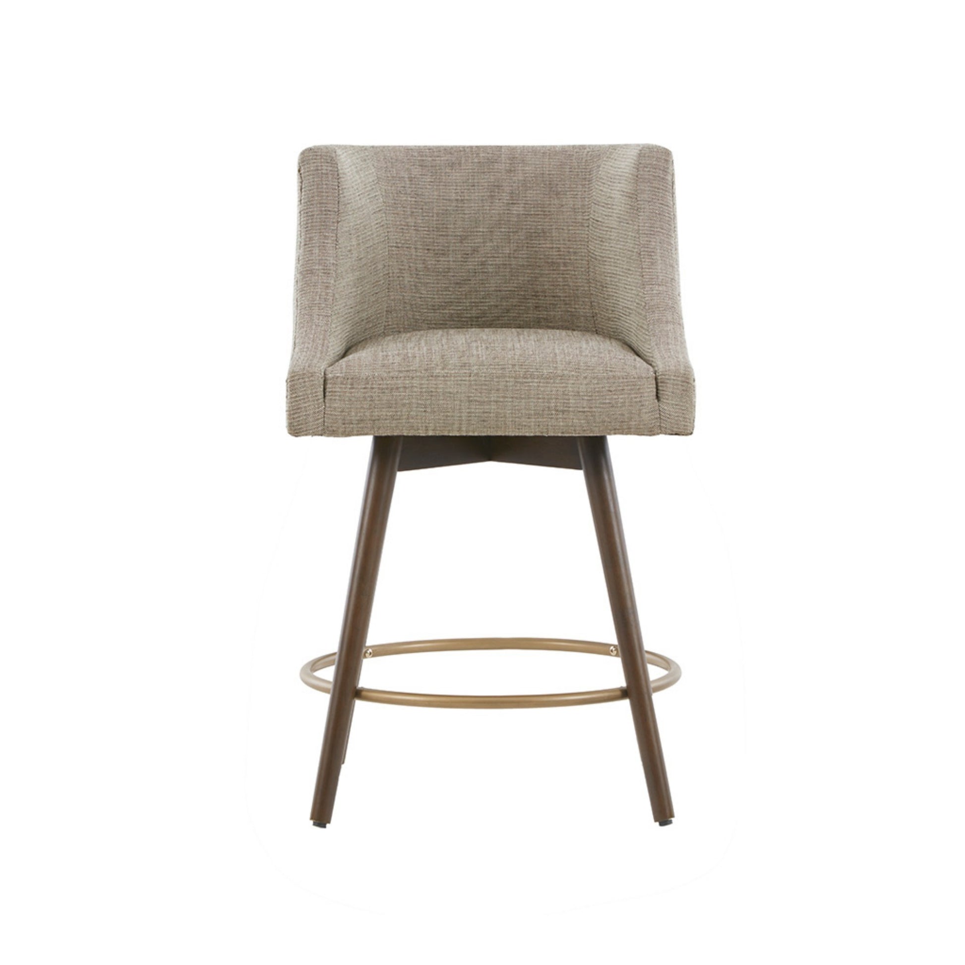 Swivel Counter Stool with Antique Bronze Detailing in Beige Tweed and Walnut Wood, 22x22x36.5 Inches Bar Stools