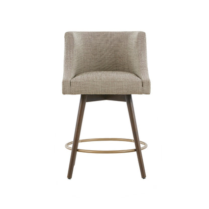 Swivel Counter Stool with Antique Bronze Detailing in Beige Tweed and Walnut Wood, 22x22x36.5 Inches Bar Stools