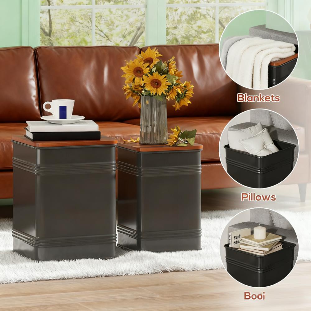 Black Set of 2 Nesting Ottoman Stool with Storage Metal Frame for Living Room Ottoman