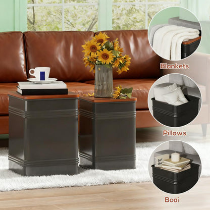 Black Set of 2 Nesting Ottoman Stool with Storage Metal Frame for Living Room Ottoman