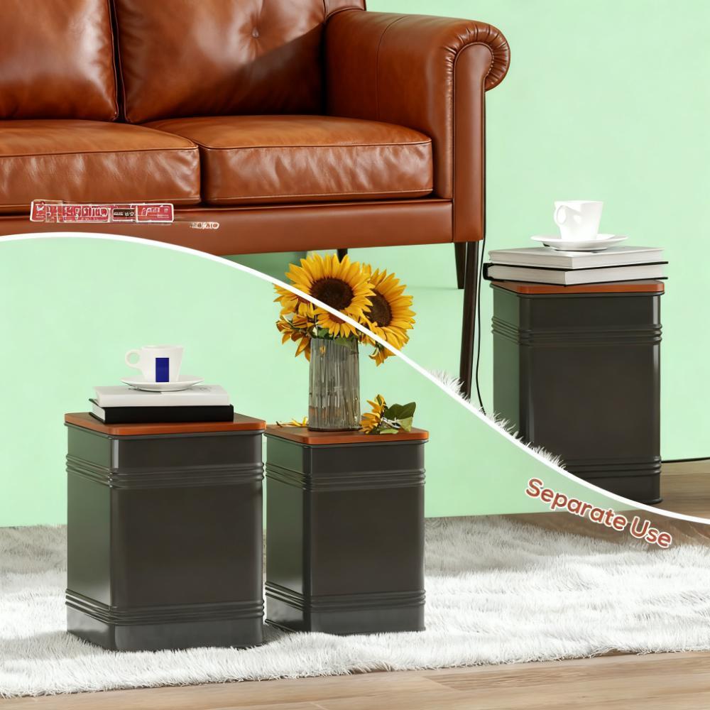 Black Set of 2 Nesting Ottoman Stool with Storage Metal Frame for Living Room Ottoman