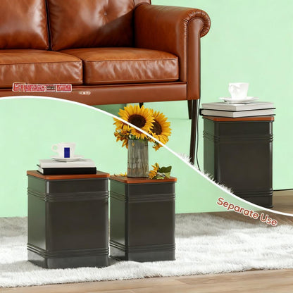 Black Set of 2 Nesting Ottoman Stool with Storage Metal Frame for Living Room Ottoman