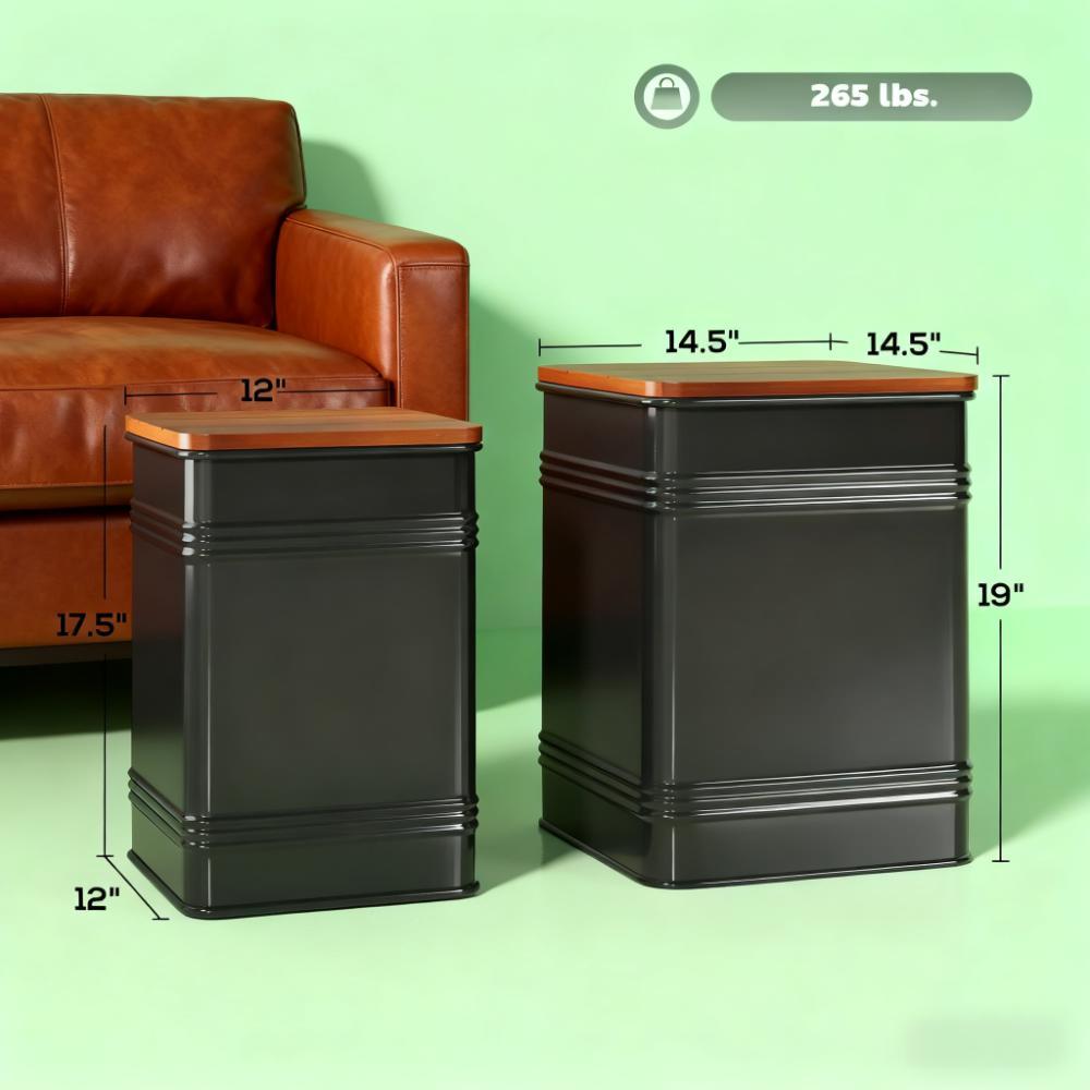 Black Set of 2 Nesting Ottoman Stool with Storage Metal Frame for Living Room Ottoman