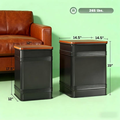 Black Set of 2 Nesting Ottoman Stool with Storage Metal Frame for Living Room Ottoman