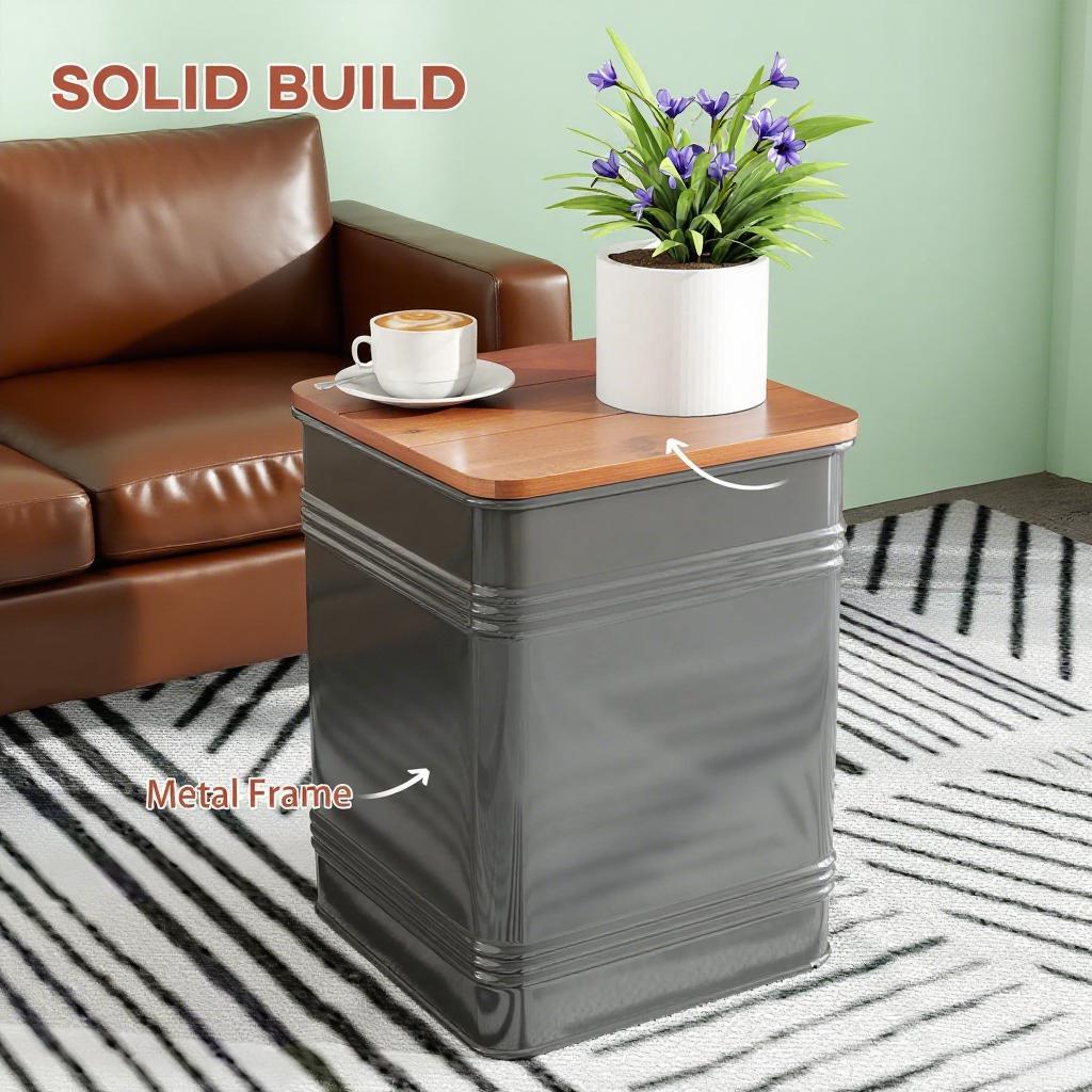 Black Set of 2 Nesting Ottoman Stool with Storage Metal Frame for Living Room Ottoman