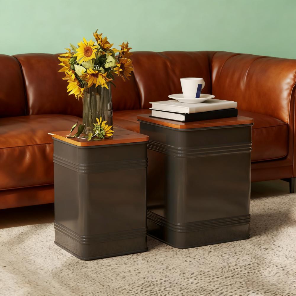 Black Set of 2 Nesting Ottoman Stool with Storage Metal Frame for Living Room Ottoman