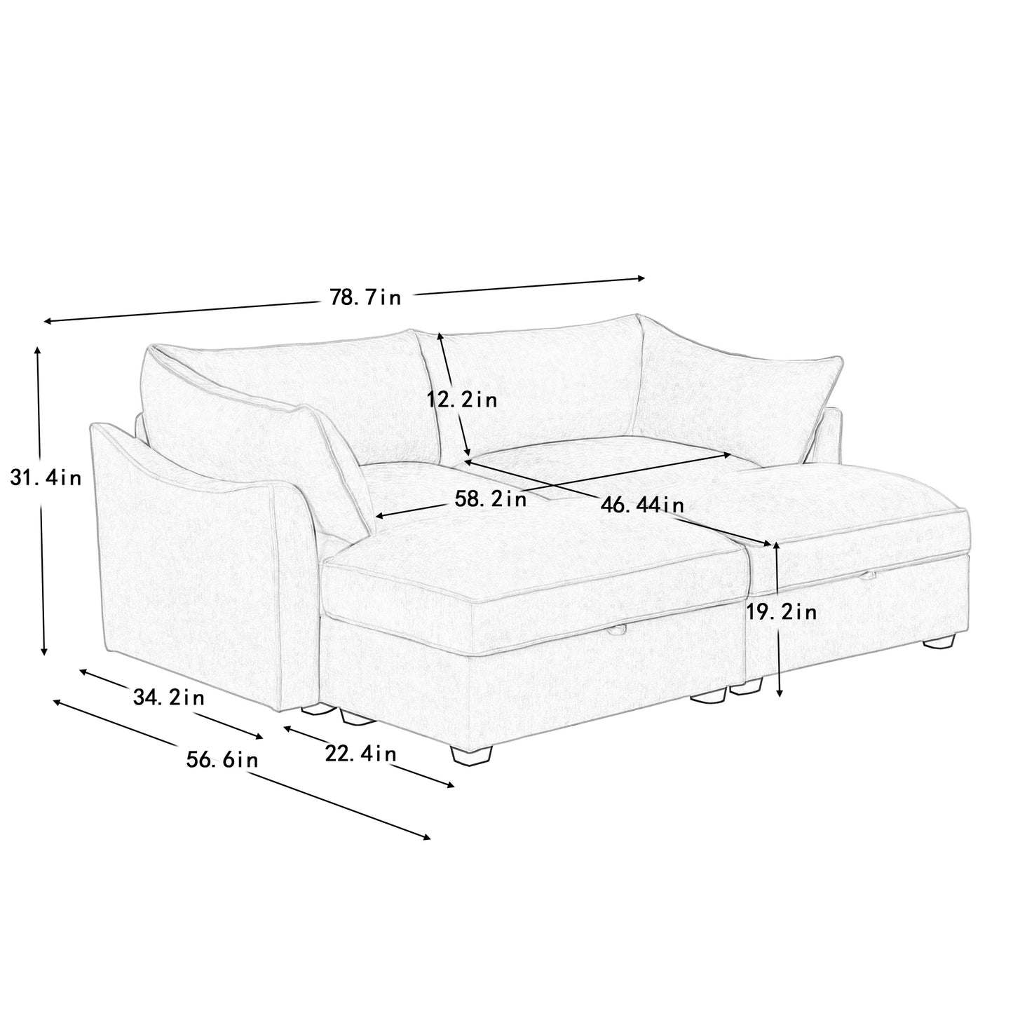 2-Seater Sofa With 2 Footstools and Pull Out Storage Drawer under Each Seat, 2-Seat Sofa with 2 Movable Ottomans,Chenille Fabric Color Wheat