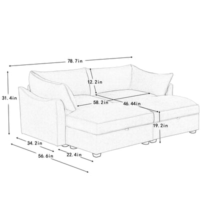 2-Seater Sofa With 2 Footstools and Pull Out Storage Drawer under Each Seat, 2-Seat Sofa with 2 Movable Ottomans,Chenille Fabric Color Wheat