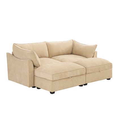 2-Seater Sofa With 2 Footstools and Pull Out Storage Drawer under Each Seat, 2-Seat Sofa with 2 Movable Ottomans,Chenille Fabric Color Wheat