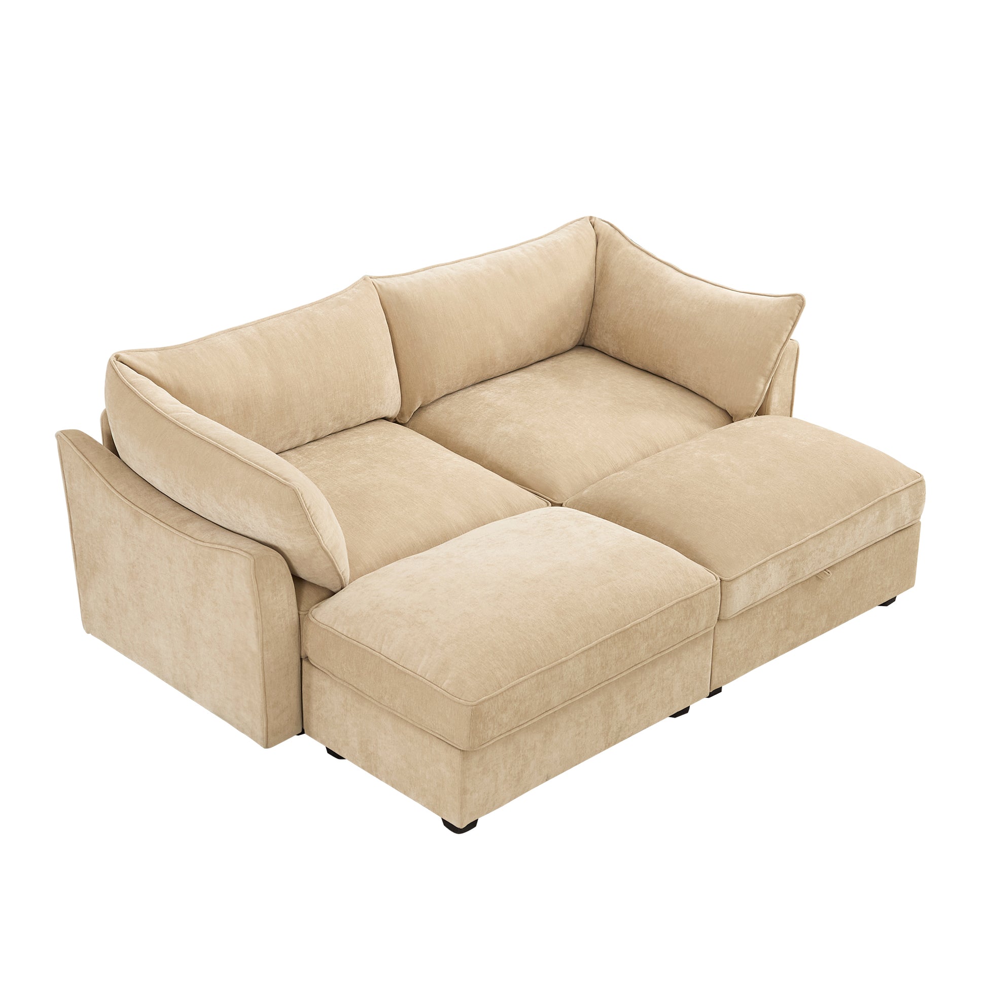 2-Seater Sofa With 2 Footstools and Pull Out Storage Drawer under Each Seat, 2-Seat Sofa with 2 Movable Ottomans,Chenille Fabric Color Wheat