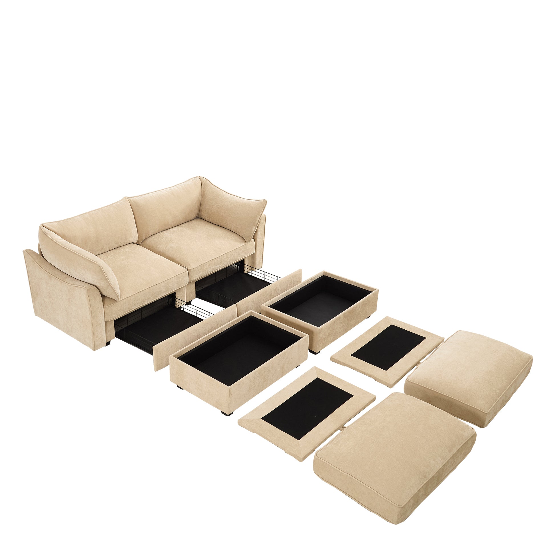 2-Seater Sofa With 2 Footstools and Pull Out Storage Drawer under Each Seat, 2-Seat Sofa with 2 Movable Ottomans,Chenille Fabric Color Wheat