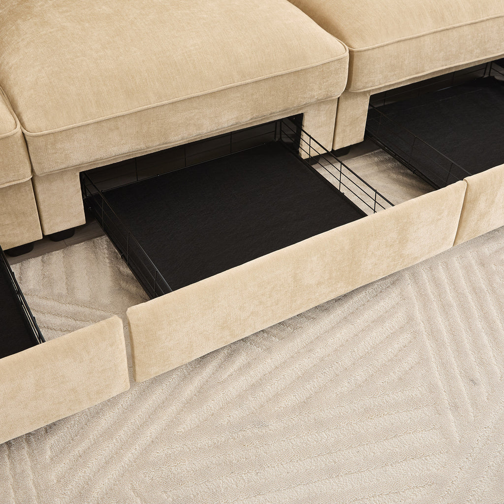 Wheat Chenille 2-Seater Sofa With Ottomans And Storage.