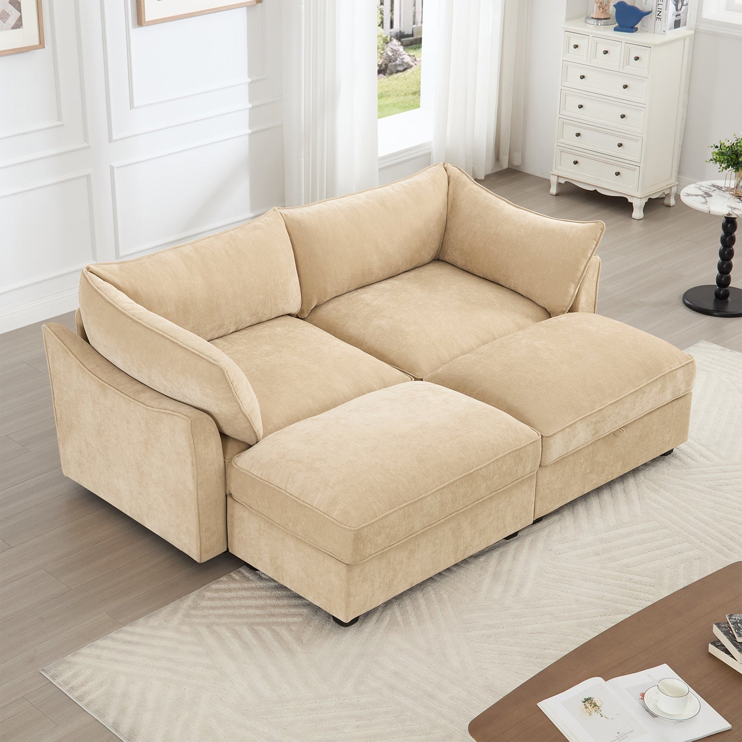 2-Seater Sofa With 2 Footstools and Pull Out Storage Drawer under Each Seat, 2-Seat Sofa with 2 Movable Ottomans,Chenille Fabric Color Wheat