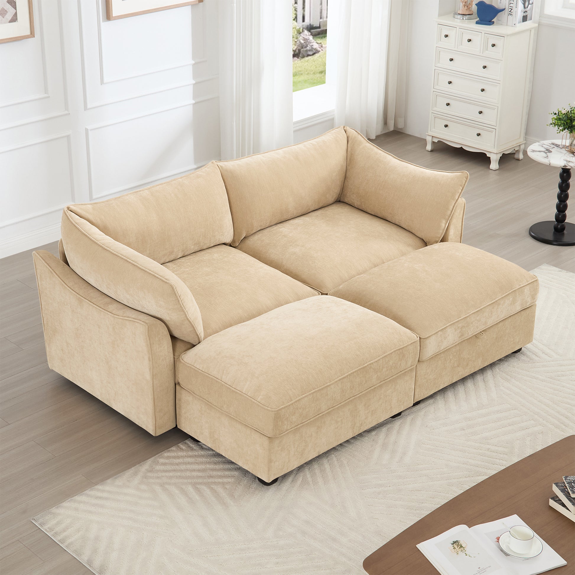 2-Seater Sofa With 2 Footstools and Pull Out Storage Drawer under Each Seat, 2-Seat Sofa with 2 Movable Ottomans,Chenille Fabric Color Wheat