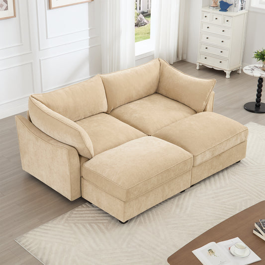 2-Seater Sofa With 2 Footstools and Pull Out Storage Drawer under Each Seat, 2-Seat Sofa with 2 Movable Ottomans,Chenille Fabric Color Wheat