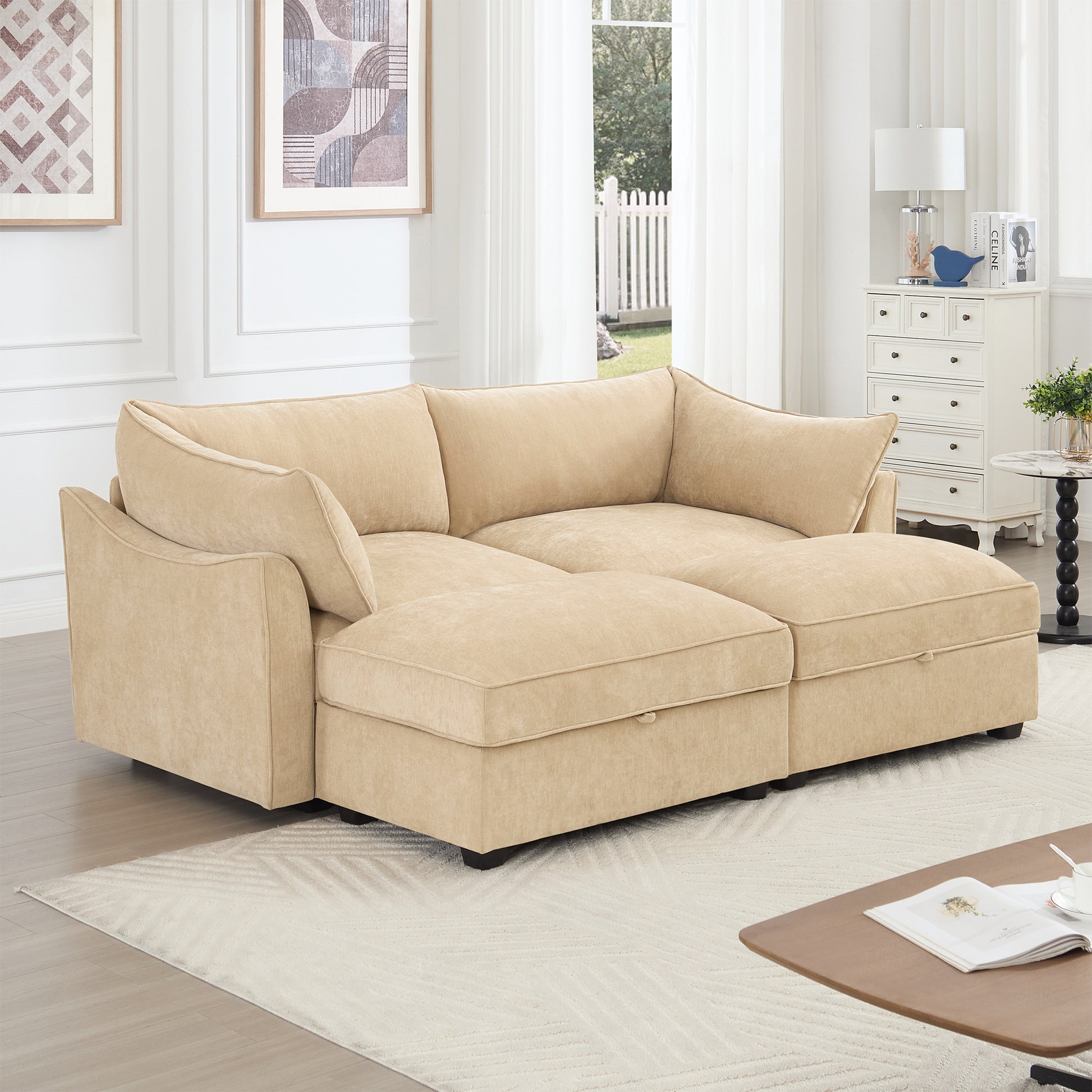 2-Seater Sofa With 2 Footstools and Pull Out Storage Drawer under Each Seat, 2-Seat Sofa with 2 Movable Ottomans,Chenille Fabric Color Wheat