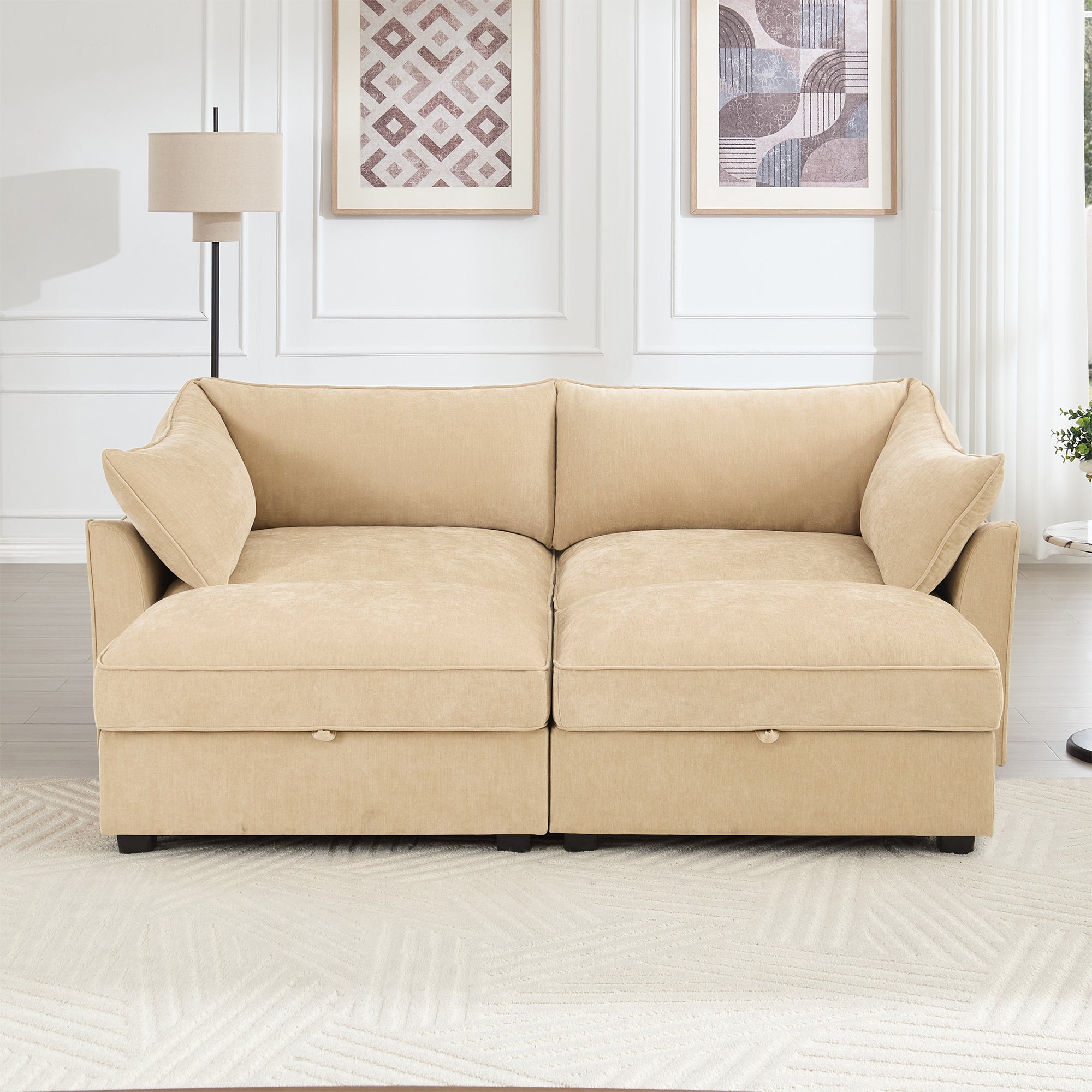 2-Seater Sofa With 2 Footstools and Pull Out Storage Drawer under Each Seat, 2-Seat Sofa with 2 Movable Ottomans,Chenille Fabric Color Wheat
