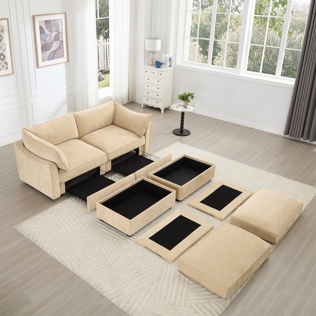 Wheat Chenille 2-Seater Sofa With Ottomans And Storage.
