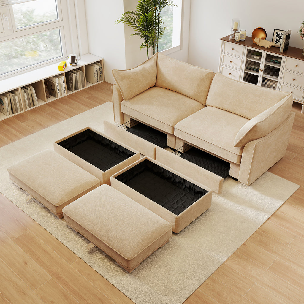 Wheat Chenille 2-Seater Sofa With Ottomans And Storage.