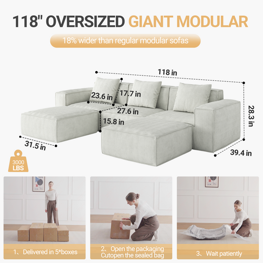 118-inch modular sofa can be converted into an oversized sofa bed Free conversion sofa set flexible configuration, soft corduroy cloud velvet fabric Three-person combination with two footrest white