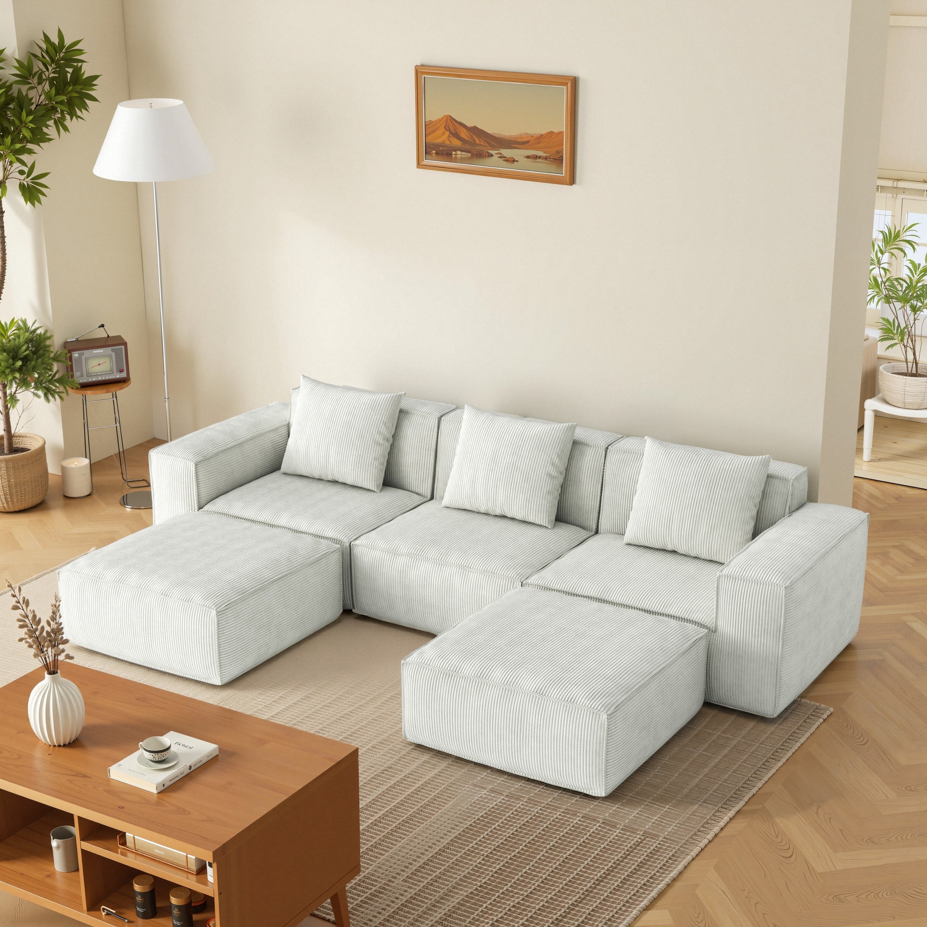 118-inch modular sofa can be converted into an oversized sofa bed Free conversion sofa set flexible configuration, soft corduroy cloud velvet fabric Three-person combination with two footrest white