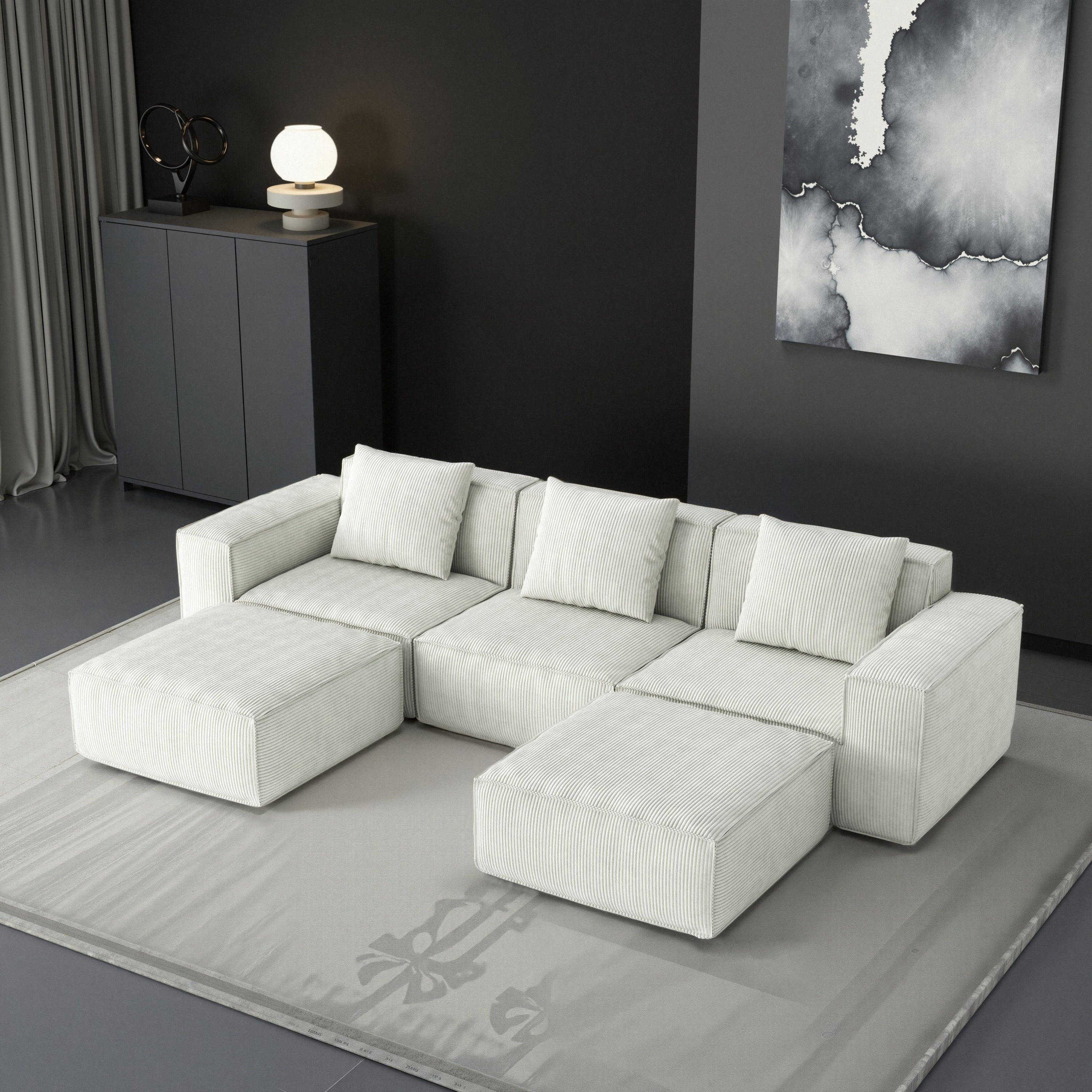118-inch modular sofa can be converted into an oversized sofa bed Free conversion sofa set flexible configuration, soft corduroy cloud velvet fabric Three-person combination with two footrest white