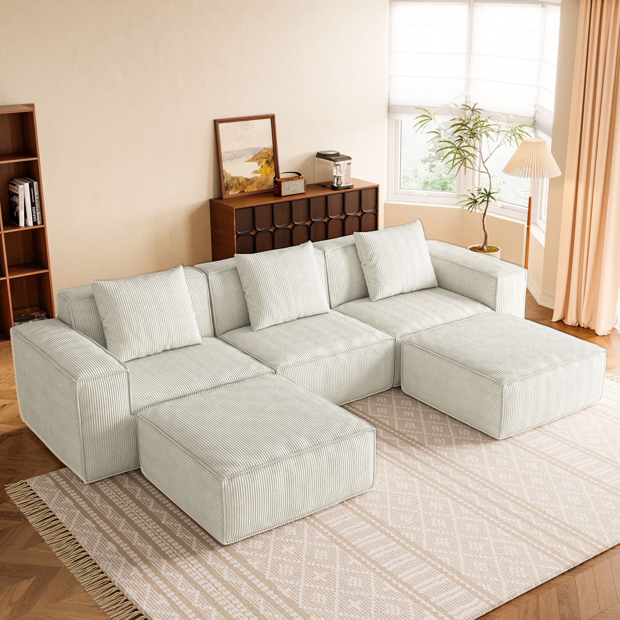 118-inch modular sofa can be converted into an oversized sofa bed Free conversion sofa set flexible configuration, soft corduroy cloud velvet fabric Three-person combination with two footrest white