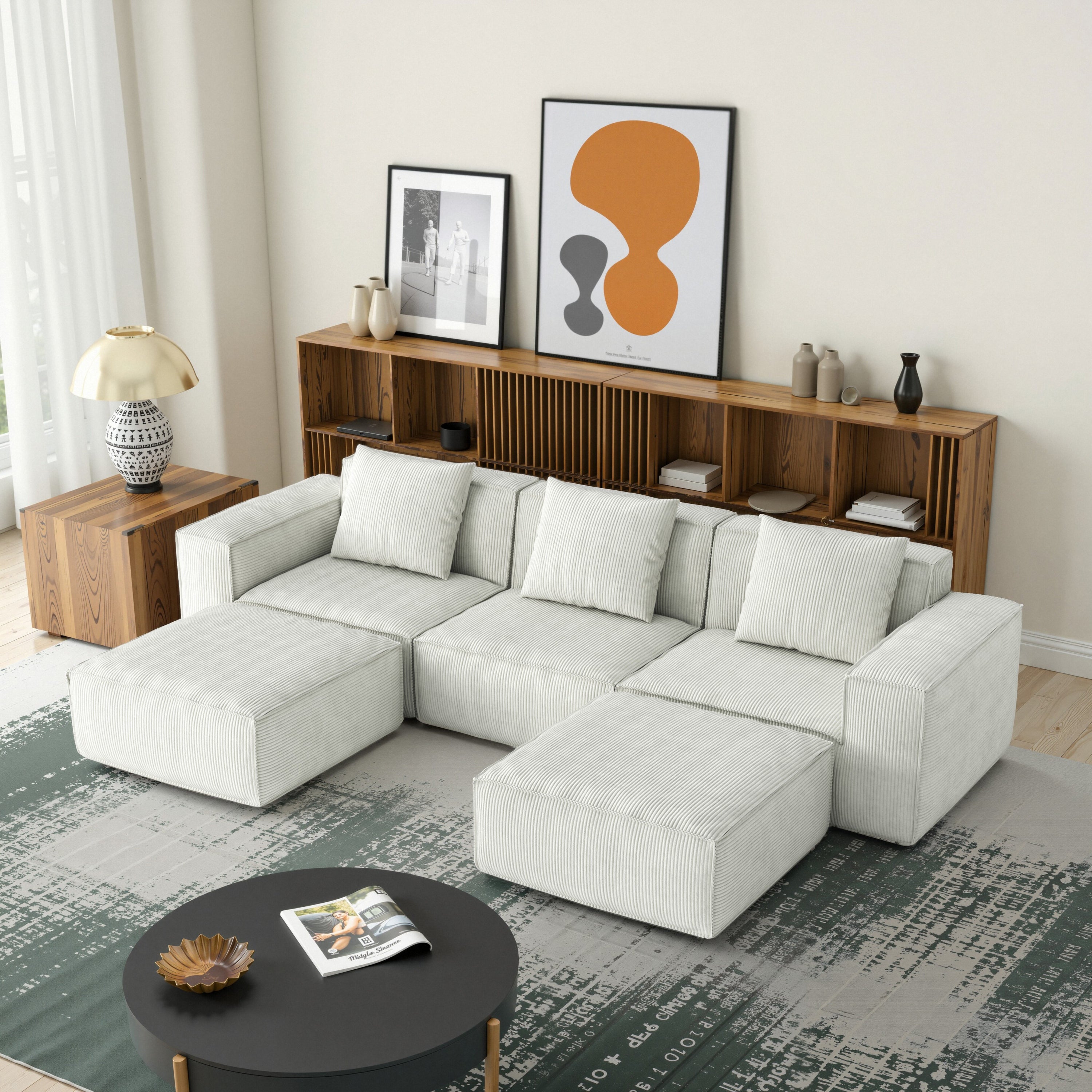 118-inch modular sofa can be converted into an oversized sofa bed Free conversion sofa set flexible configuration, soft corduroy cloud velvet fabric Three-person combination with two footrest white