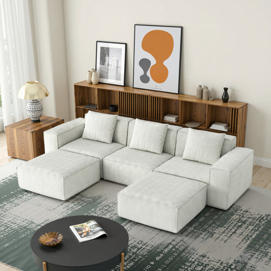 118-inch modular sofa can be converted into an oversized sofa bed Free conversion sofa set flexible configuration, soft corduroy cloud velvet fabric Three-person combination with two footrest white
