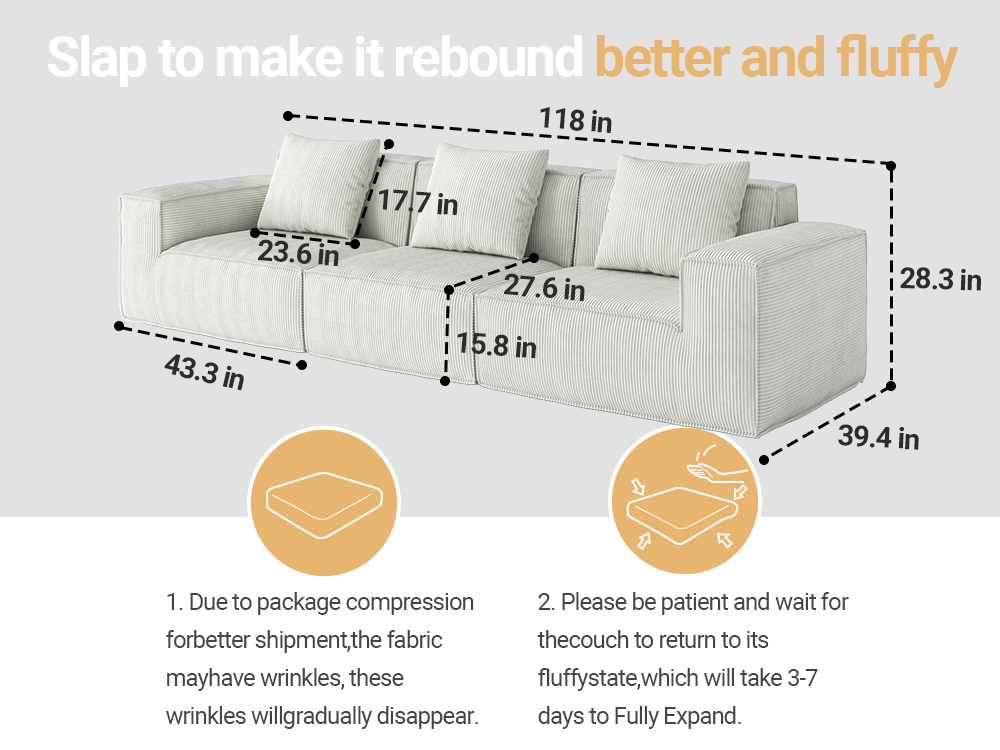118-inch modular sofa can be converted into an oversized sofa bed Free conversion sofa set flexible configuration, soft corduroy cloud velvet fabric Three-person combination white