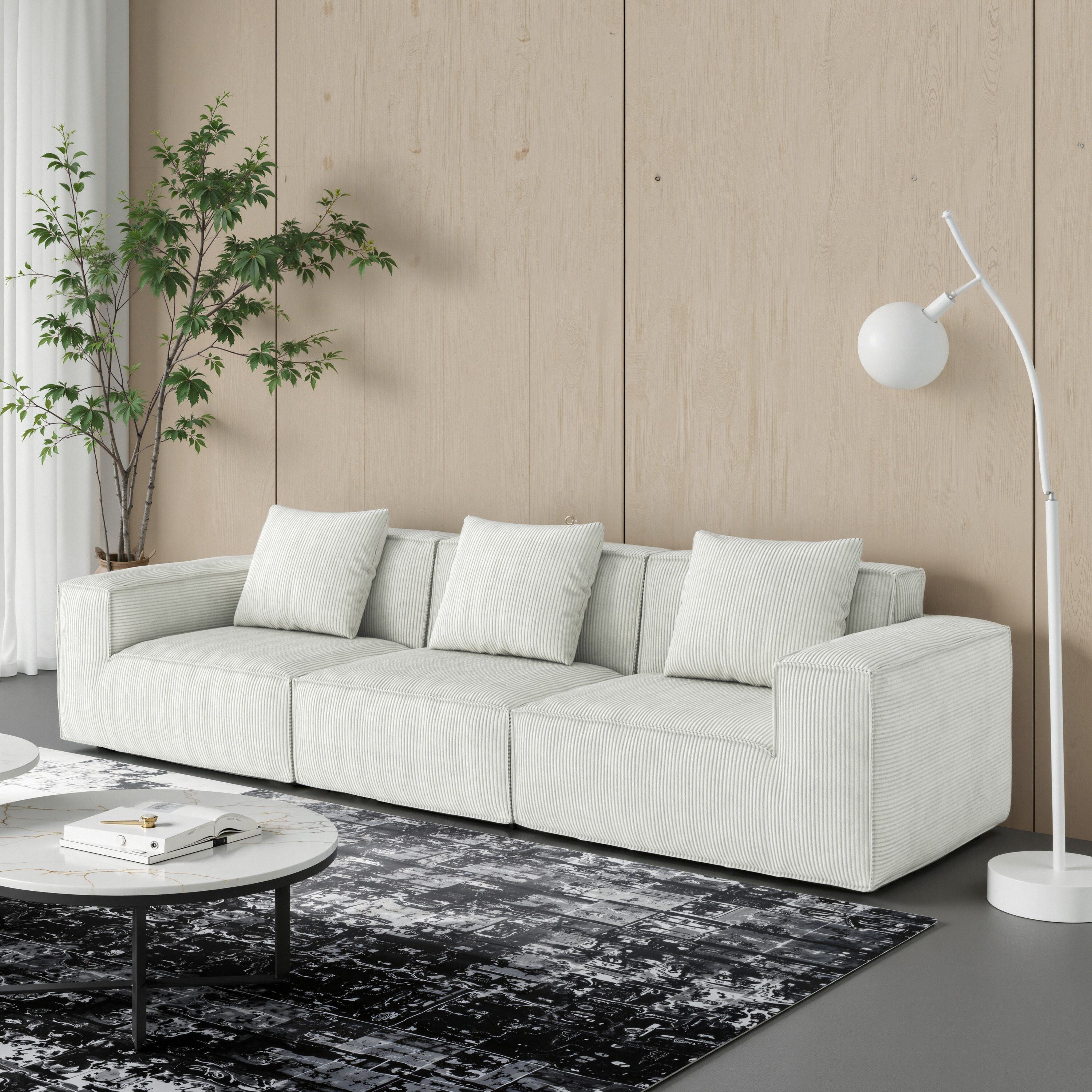 118-inch modular sofa can be converted into an oversized sofa bed Free conversion sofa set flexible configuration, soft corduroy cloud velvet fabric Three-person combination white